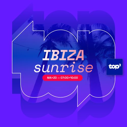 Logo of the radio show “Ibiza Sunrise” on Top2, featuring palm trees in the background with a purple gradient design.