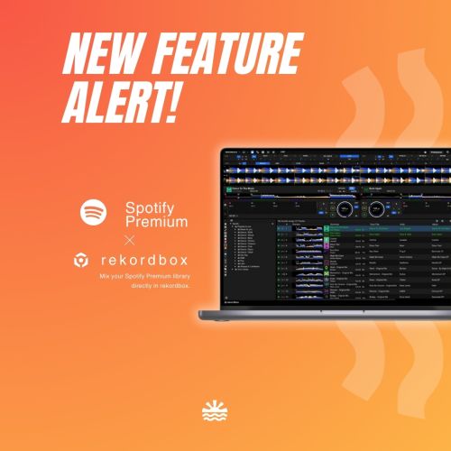 Promotional image announcing the new feature: Spotify Premium library integration in rekordbox, DJ software displayed on a laptop with an orange background.